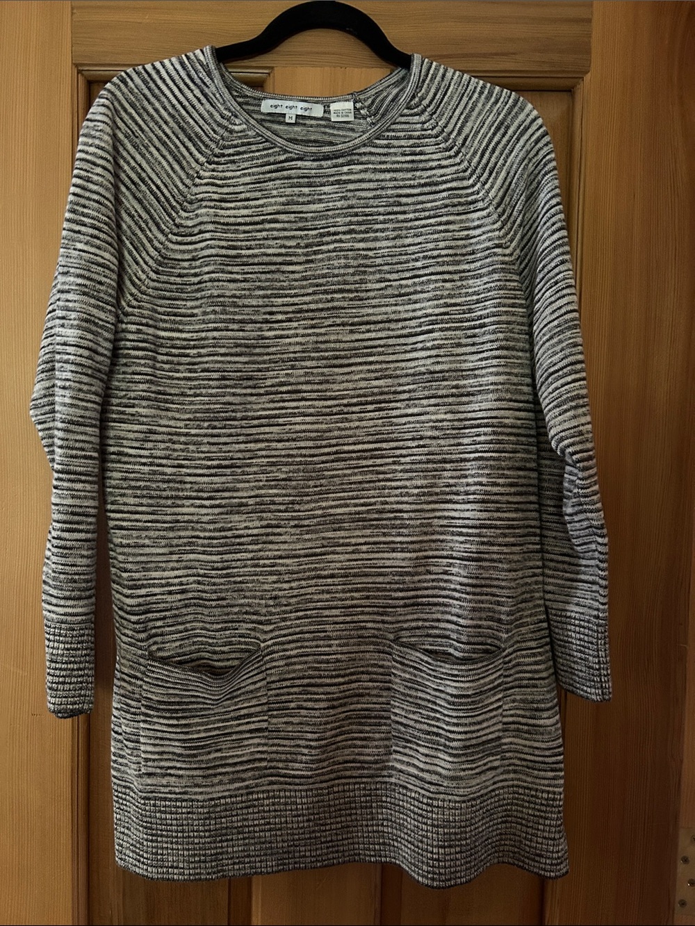 eight eight eight Gray and White Striped Pocket Crewneck Sweater